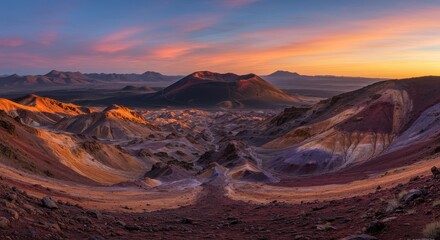 Naklejka premium Stunning panoramic view of colorful mountains at sunset with valleys below