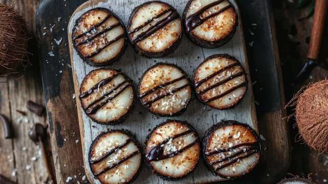 Delicious Coconut Desserts with Chocolate Drizzle Arranged on Wooden Tray