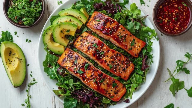 Grilled Salmon Fillet Salad with Avocado Slices on a White Wooden Table