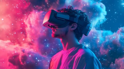 Man immersed in virtual reality, exploring colorful cosmic landscape with VR headset experience. 