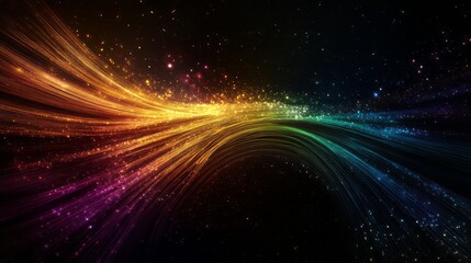 Obraz premium Black background with colorful rainbow lines of light and stars, creating an abstract digital wallpaper design. 