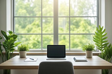 Fototapeta premium A serene office space with a large window, green plants, and a sleek desk setup featuring a laptop and notepad.