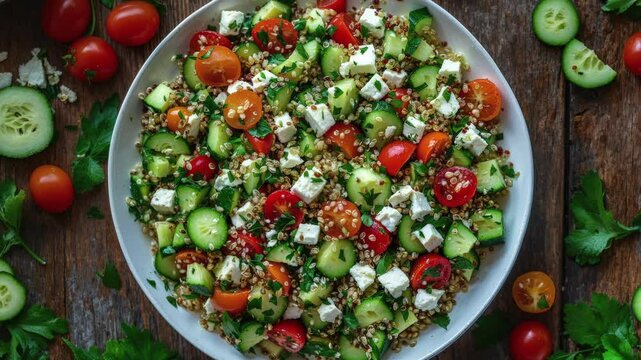 Healthy Mediterranean Salad with Quinoa, Fresh Ingredients, and Herbs in a Rustic Setting