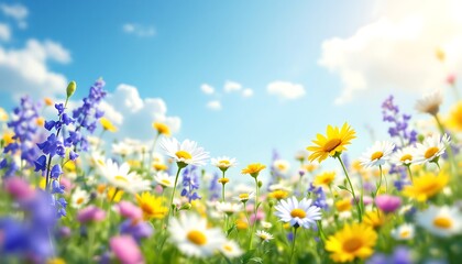 Blooming Wildflower Meadow Under Blue Sky with Clouds in Springtime