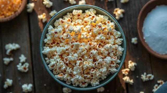 Bowl of Freshly Popped Popcorn on Rustic Wooden Surface