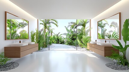 Fototapeta premium Luxurious Modern Bathroom Design with Tropical Garden View Double Vanity and Natural Wood