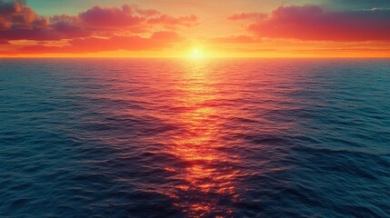 Fototapeta premium Capture a breathtaking panoramic view of a vast, tranquil ocean at sunset, reflecting vibrant hues of orange, pink, and gold in CG 3D