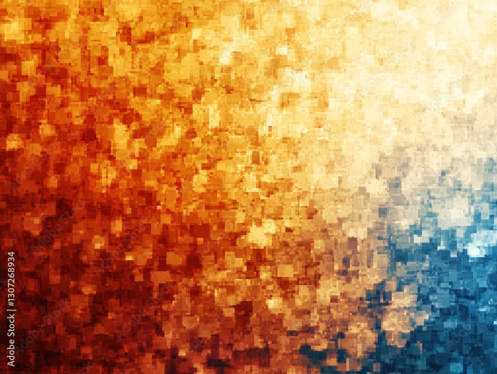 Poster Abstract geometric pattern in warm colors and cool blue tones creating a gradient effect with pixelated textures for background