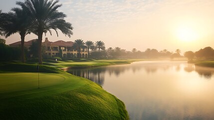 Obraz premium A golf course scene featuring water and palm trees at sunrise