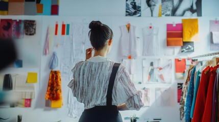 Designers pinning sketches for their new collection in a sunny studio with colorful fabrics.