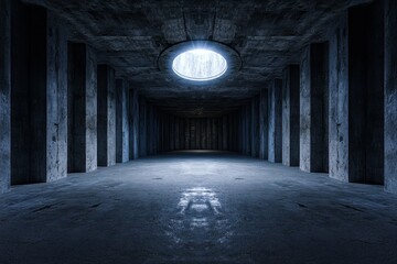 Fototapeta premium Abstract Dark Concrete Corridor Pano - Mysterious, dark, concrete, tunnel, light symbolizing hope, confinement, journey, mystery, and escape