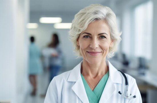 A mature female doctor in a medical setting gazes directly at the camera with a confident, caring expression. The close-up highlights her professionalism and expertise in healthcare