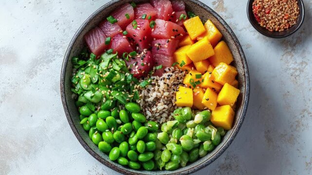 Colorful and Healthy Poke Bowl with Fresh Tuna, Mango, and Vegetables