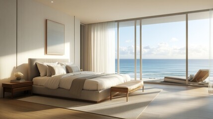 Bright and airy modern bedroom featuring floor-to-ceiling windows with a stunning ocean view, soft neutral tones, and a peaceful vibe