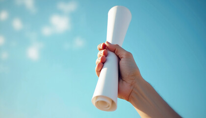 Hand holding rolled diploma against clear blue sky