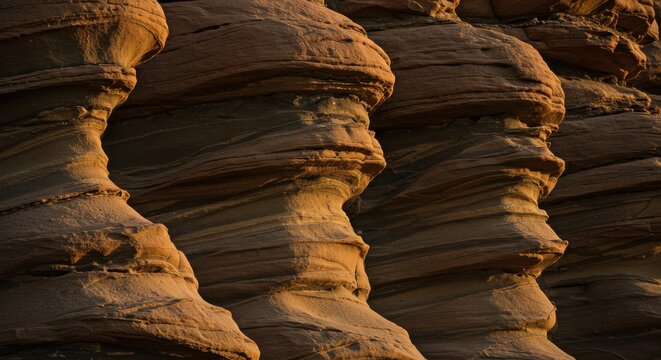 Unique rock formations resembling faces at sunset in a desert landscape - Powered by Adobe