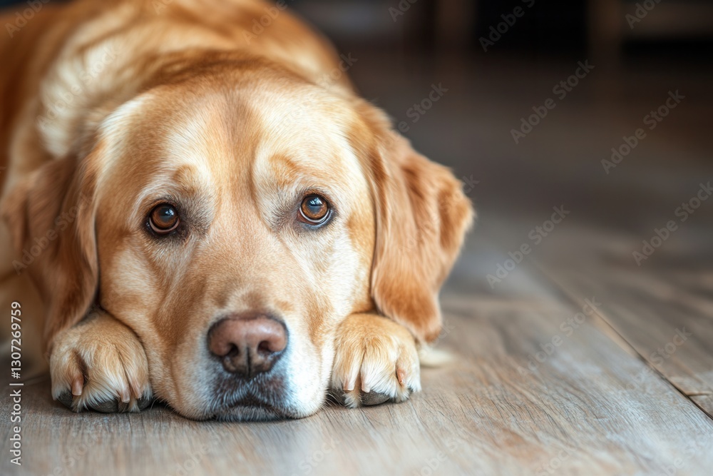 Poster golden retriever resting on wooden floor indoors, showing a calm expression and soft fur generative 
