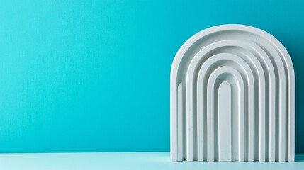 Fototapeta premium Minimalist white arch sculpture on a vibrant turquoise background, perfect for modern decor