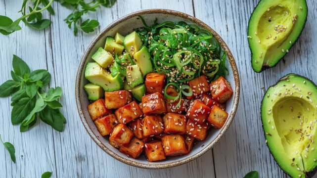 Healthy Vegan Bowl with Tofu, Avocado, and Wakame Salad on Wooden Table