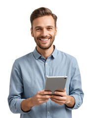 A young businessman with tablet computer, isolated on transparent background. Business concept.