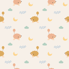 Sheep play balloon cartoon so cute. On moon cloud background. Pattern seamless vector illustration. 