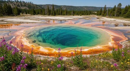 Vibrant hot spring in Yellowstone National Park surrounded by lush greenery and flowers