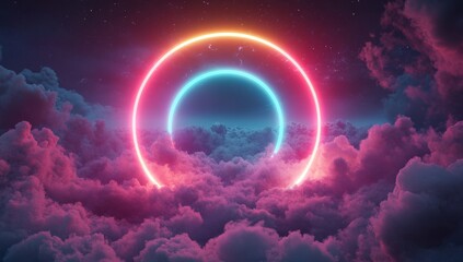 Ethereal Neon Circles Illuminating a Dreamy Cloudscape in Vibrant Colors for Futuristic and Fantasy Backgrounds