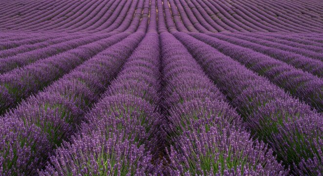Vibrant lavender fields in full bloom, stretching across the landscape under a clear sky