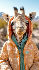Playful Giraffe in Cozy Hoodie Enjoying a Sunny Day in the Wild with Bright Colors and Joyful Expressions