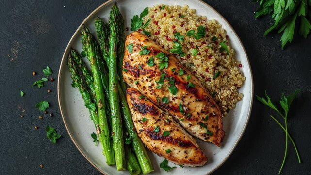 Grilled Chicken With Asparagus and Quinoa on a Plate