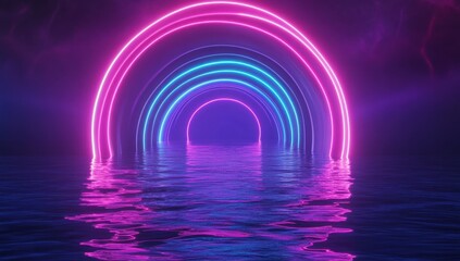 Ethereal Neon Rainbows Illuminating Vibrant Waters in Dreamlike Landscape with Reflections and Captivating Colors Creating a Futuristic Atmosphere