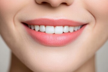 Fototapeta premium Woman smiling showing white teeth and pink lips in macro shot