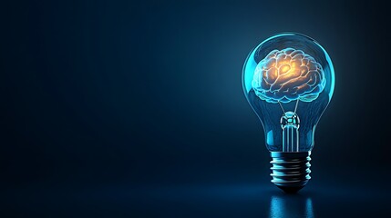 Glowing Brain Inside Light Bulb, A glowing brain inside a light bulb against a dark background