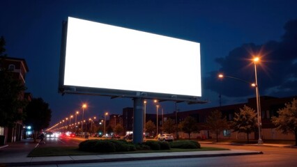 Large blank billboard middle city night is illuminated horizontal advertising