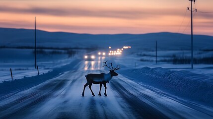 A lone reindeer crossing a road in the snowy winter evening