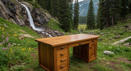 Wooden desk placed in a serene forest clearing near a cascading waterfall