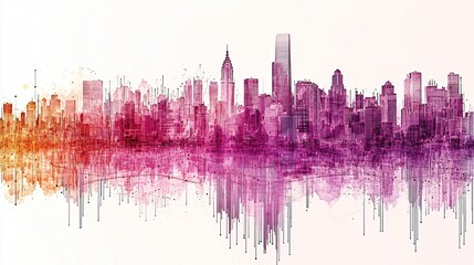 Fototapeta premium Colorful city skyline, urban landscape, sunrise, artistic watercolor style, poster print