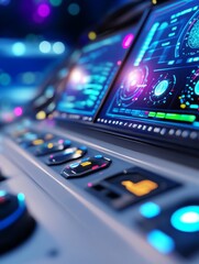Obraz premium Advanced Control Panel - Close-up of a futuristic control panel with glowing interfaces and buttons. High-tech and modern technology