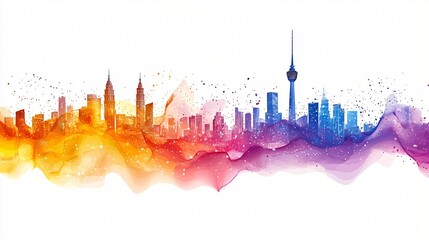 Obraz premium Colorful city skyline, vibrant waves, sunrise, urban landscape, travel poster