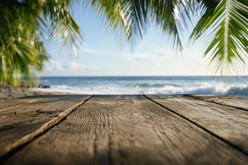 Fototapeta premium Wooden table top with blurred tropical beach background