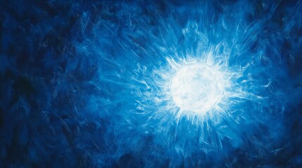 sun, top view, indigo solid background, radiant sun with intense light breaking through a rich blue sky, glowing halo effect.