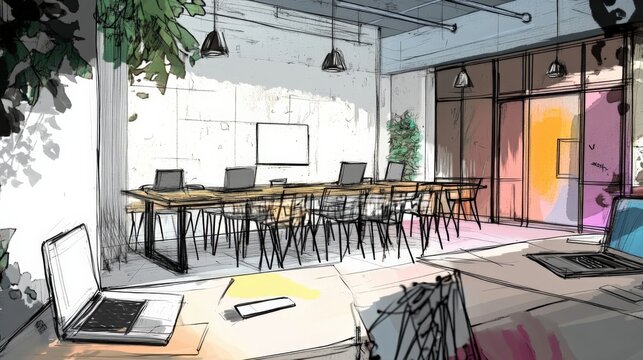 A cozy corner of the coworking space where a group of freelancers convenes around a communal table. Sketchbooks markers and pens are interspersed a laptops creating a dynamic atmosphere