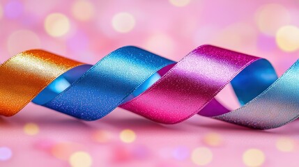 Colorful ribbons spiral, pink bokeh background, festive, craft