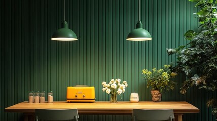 Close-up of a smooth, light-wooden table set before a rich, dark green wall adorned with elegant vertical stripes
