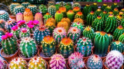 Fototapeta premium beautiful cacti of different colors in plastic pots