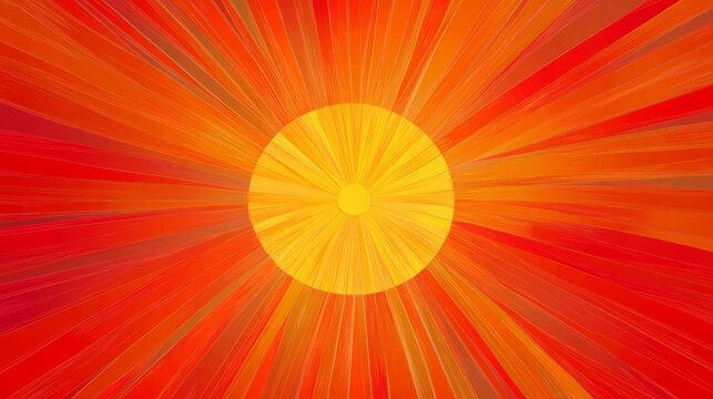 sun, top view, red solid background, powerful, blazing sun with intense yellow and orange rays reaching out in all directions.