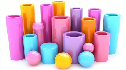 Fototapeta premium Colorful cylinders and spheres, abstract 3D design, white background, graphic design