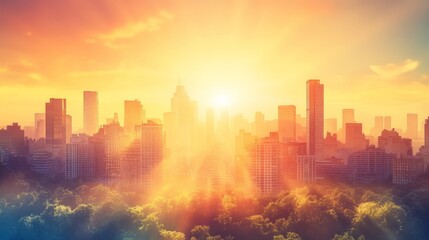 sunset, line-art, macro, cityscape background, urban skyline with the sun glowing behind buildings, soft fading rays in a modern setting.