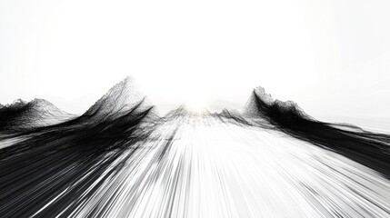 Obraz premium sunset, line-art, macro, white background, detailed patterns of light and shadows, focusing on the horizon with sharp rays extending outward.