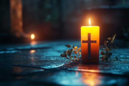 An picture of a crucifix surrounded by the gentle glimmer of a candle, signifying expecting light, in the calm meditation of Holy Saturday. Generative Ai